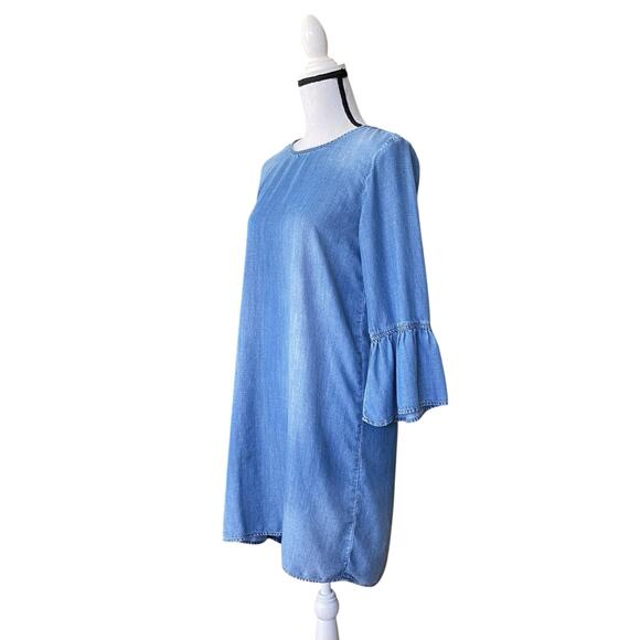 Cloth & Stone Anthropologie Chambray Dress Sz 3/4 Ruffle Sleeves Open Tie Back - Picture 12 of 16